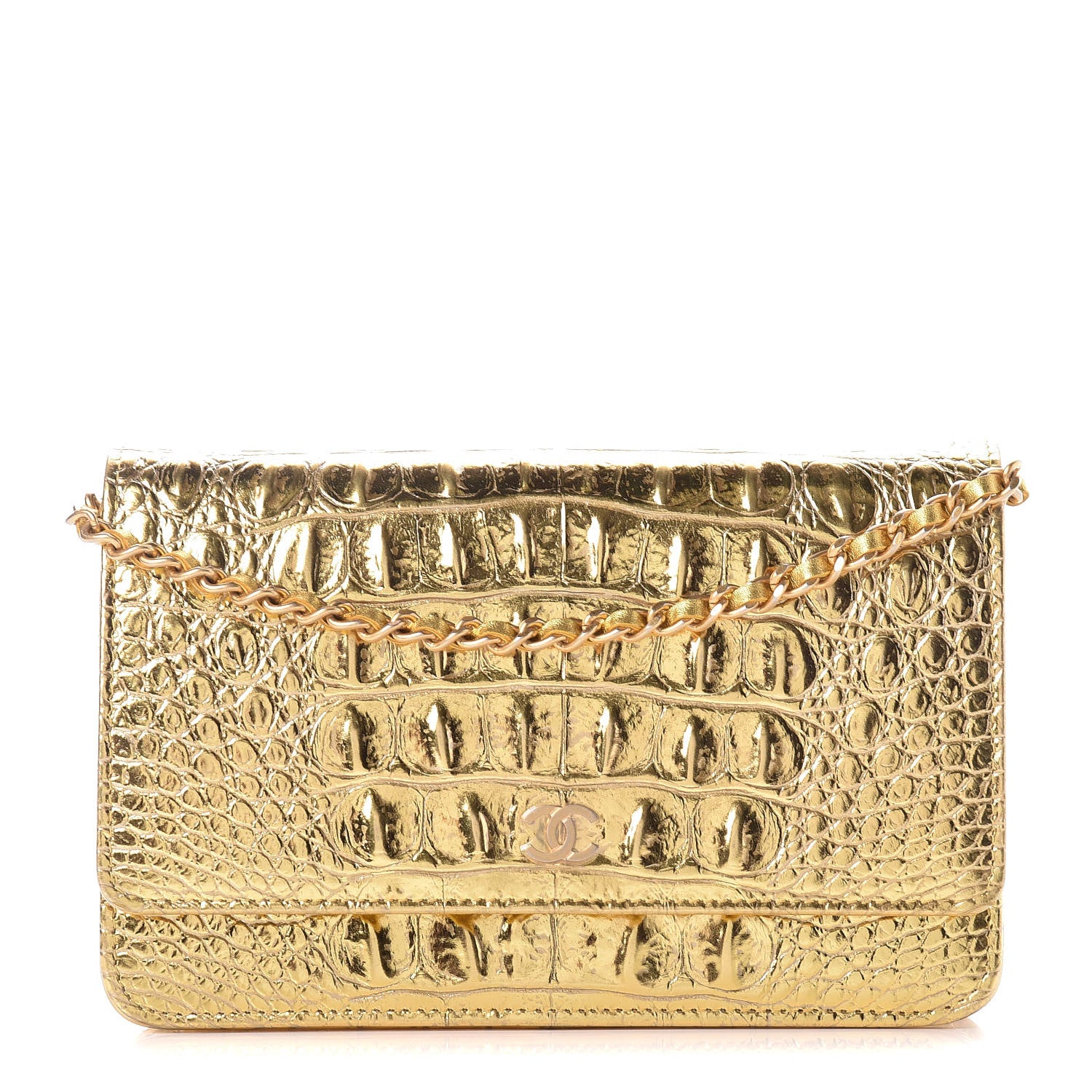 Chanel Metallic Calfskin Crocodile Embossed Cocodile Wallet On Chain WOC Gold 1 of 13