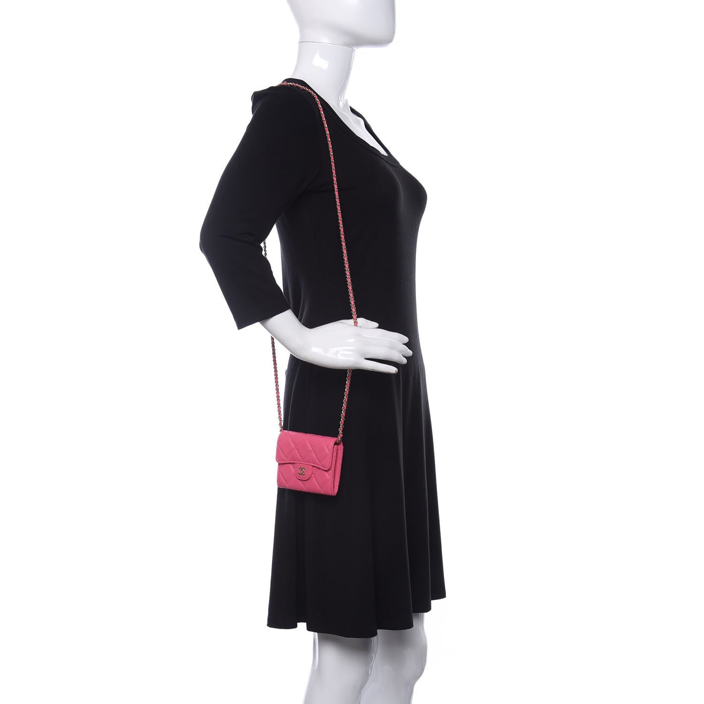 Caviar Quilted Flap Card Holder On Chain Pink