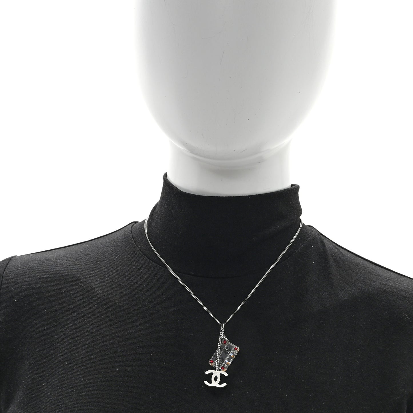 Metal Resin Cassette CC Charm Necklace Silver Black