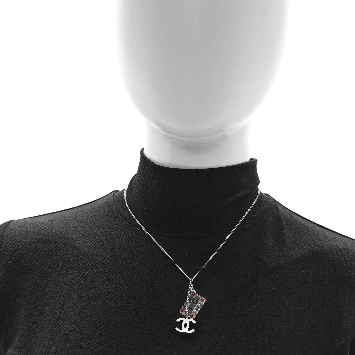 Chanel Metal Resin Cassette CC Charm Necklace Silver Black 2 of 4