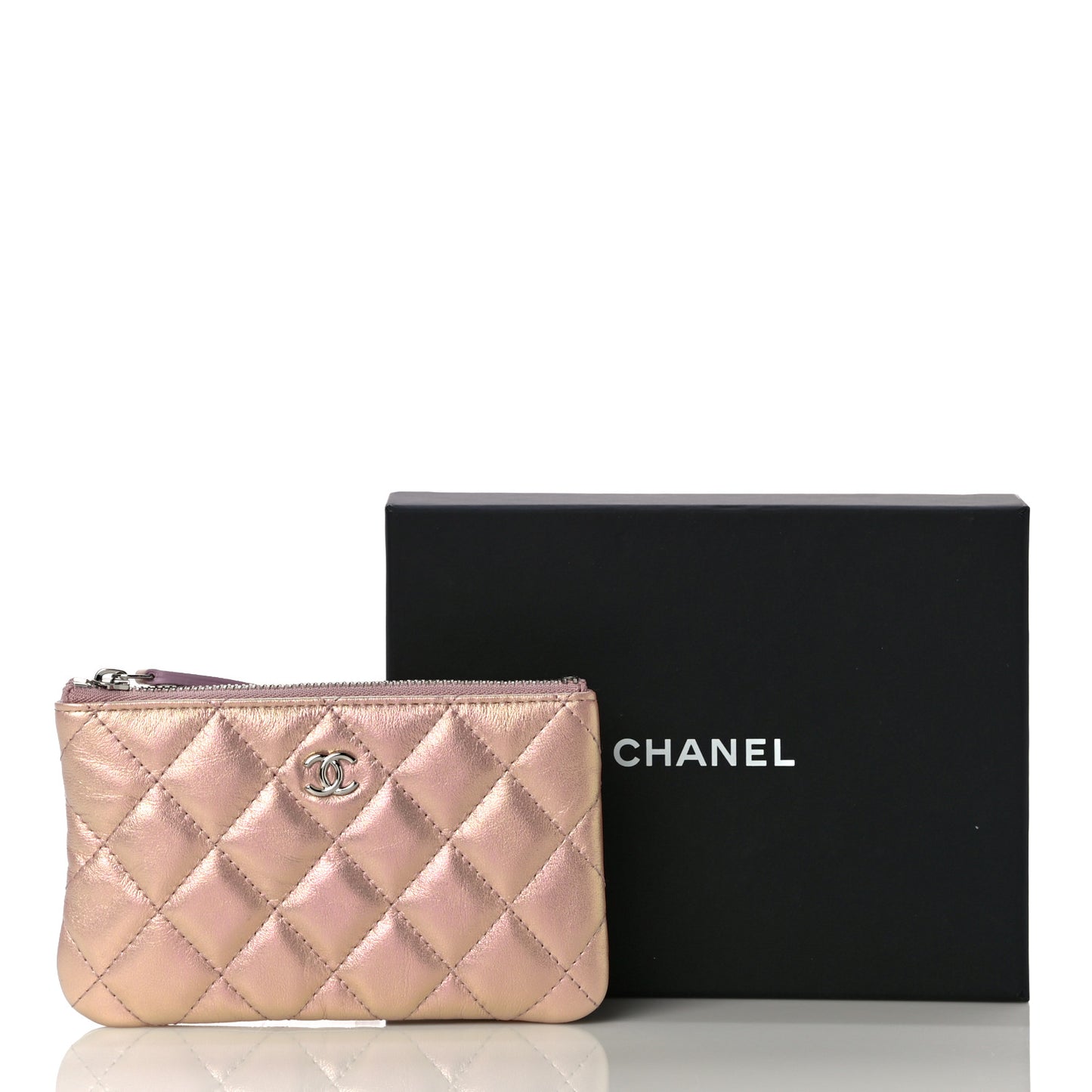 Iridescent Calfskin Quilted Small Cosmetic Case Pink