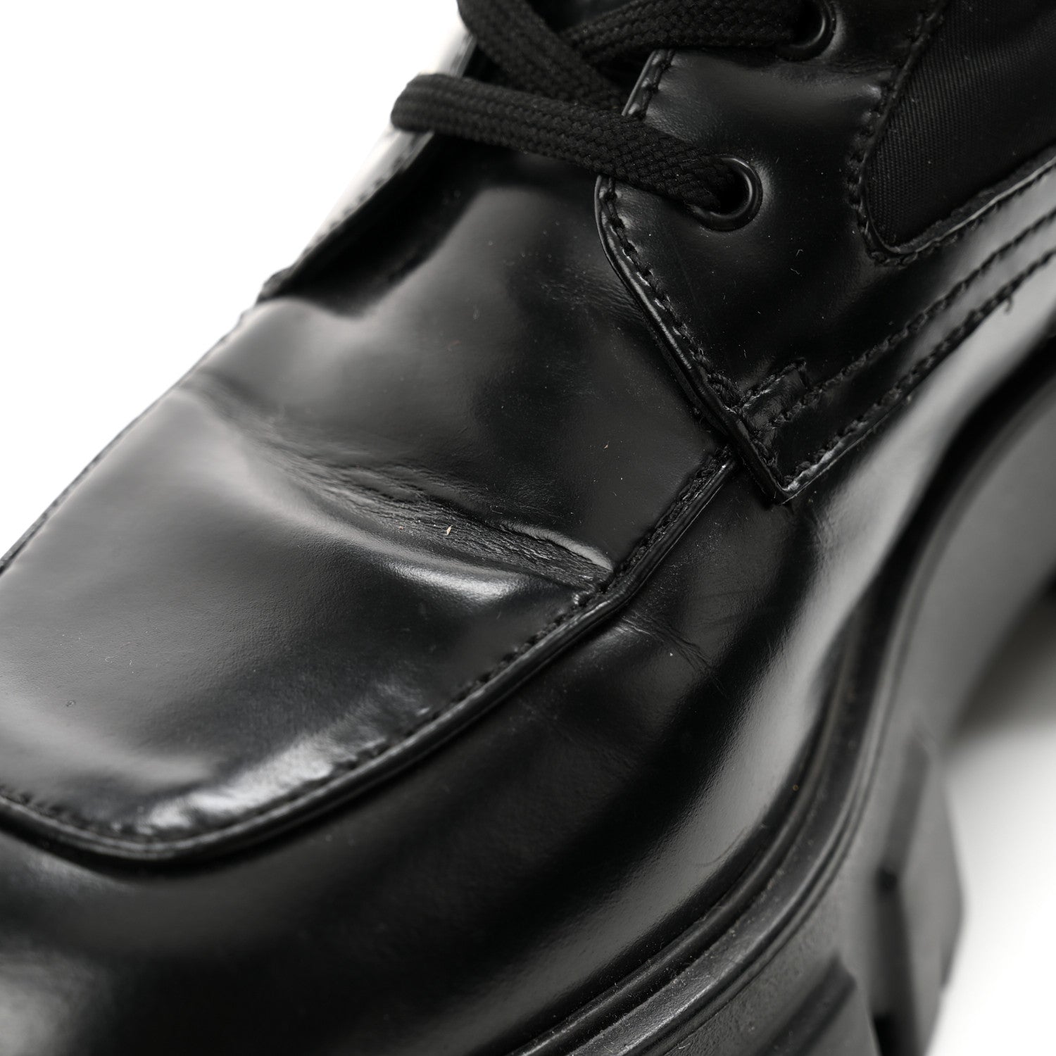 Prada Vitello Lux Nylon Metal Triangle Logo Monolith Pouch Pocket 55mm Tall Combat Boots 38.5 Black 9 of 11