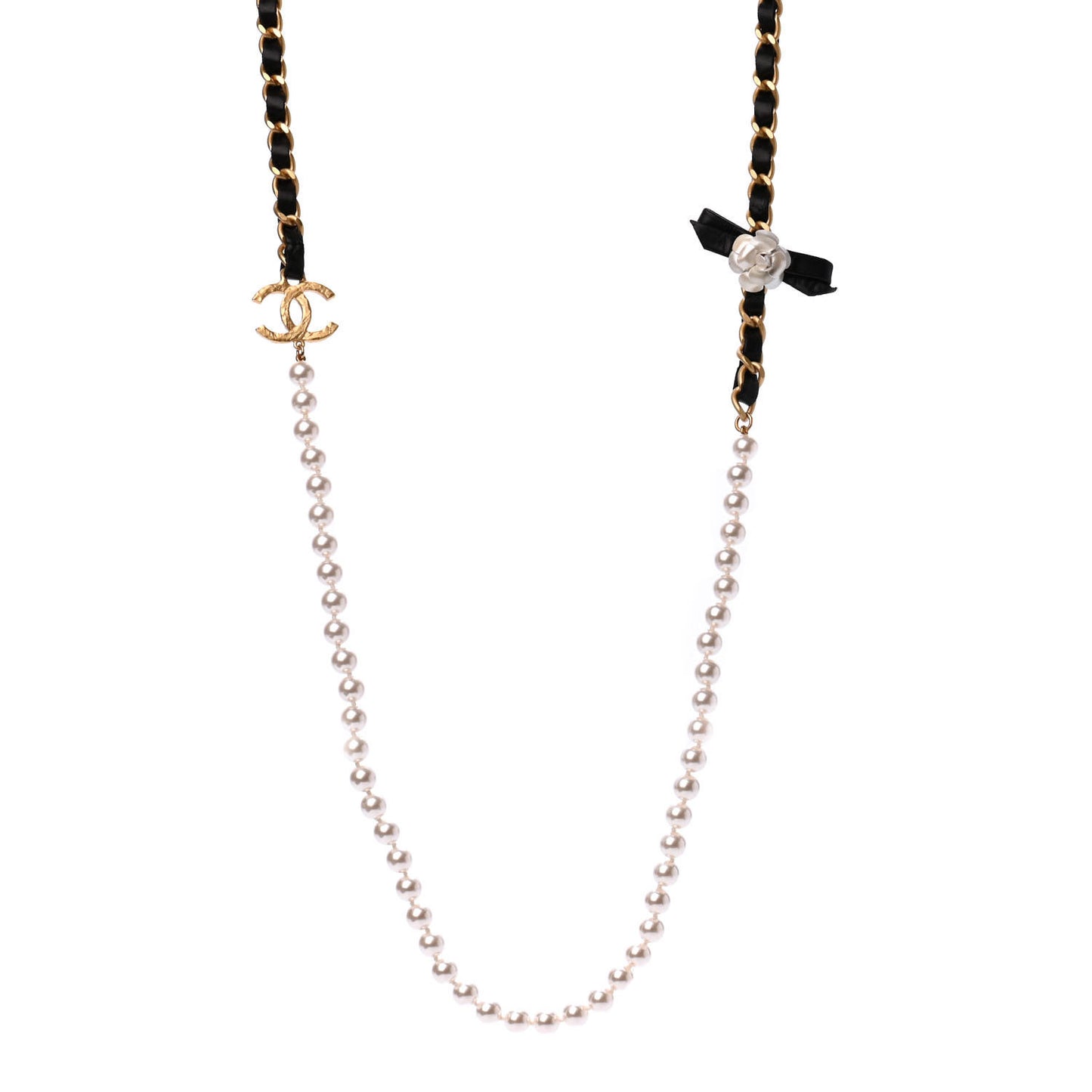 Calfskin Pearl Chain 90's Camellia Long Necklace Black Gold