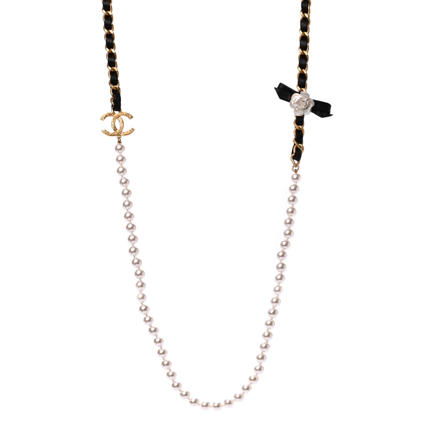 Chanel Calfskin Pearl Chain 90's Camellia Long Necklace Black Gold 1 of 5
