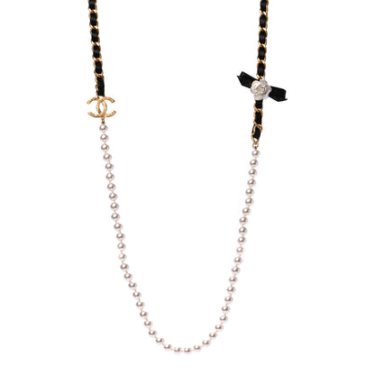 Chanel Calfskin Pearl Chain 90's Camellia Long Necklace Black Gold 1 of 5