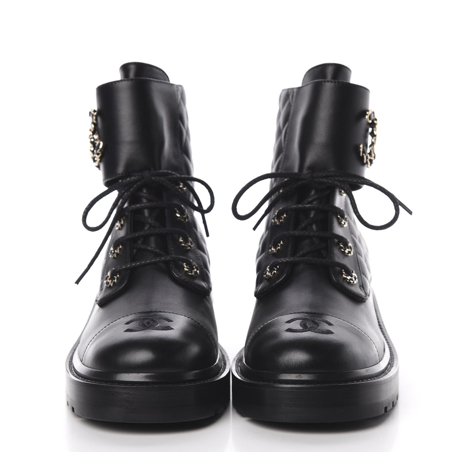 Shiny Goatskin Calfskin Quilted Lace Up Combat Boots 40 Black