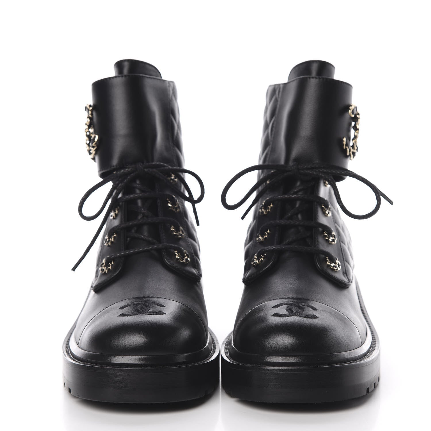Chanel Shiny Goatskin Calfskin Quilted Lace Up Combat Boots 40 Black 2 of 9