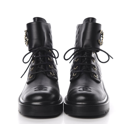 Chanel Shiny Goatskin Calfskin Quilted Lace Up Combat Boots 40 Black 2 of 9
