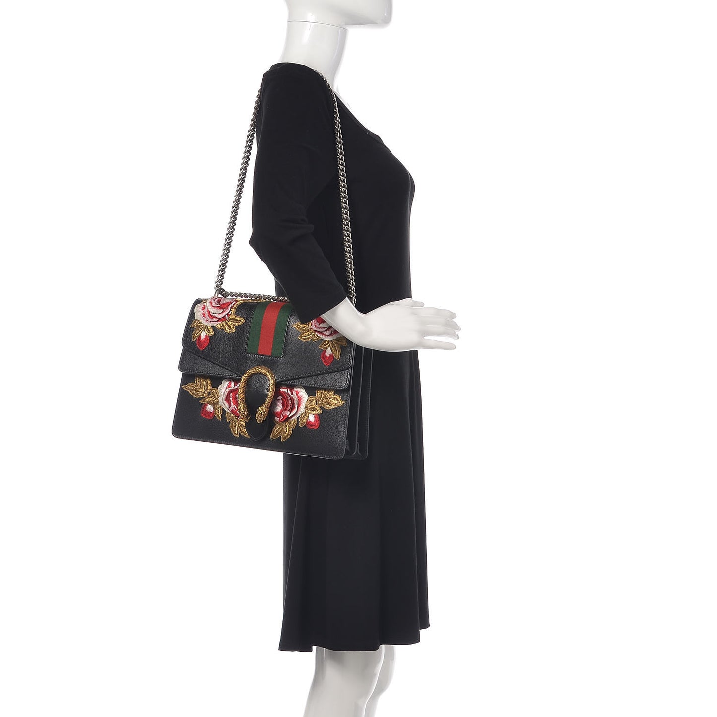Calfskin Web Floral Embroidered Medium Dionysus Shoulder Bag Black