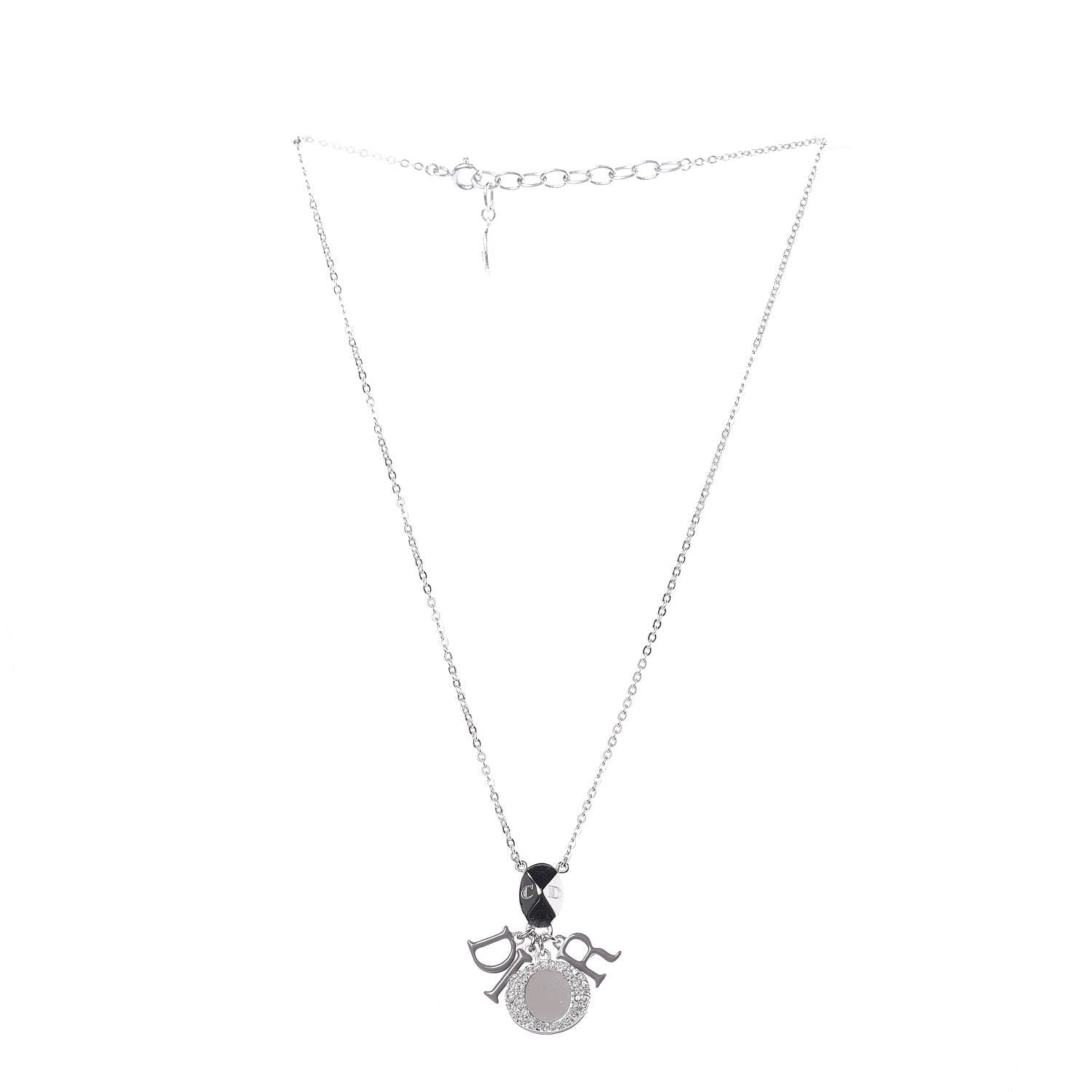 Christian Dior Metal Crystal Logo Necklace Silver 3 of 6
