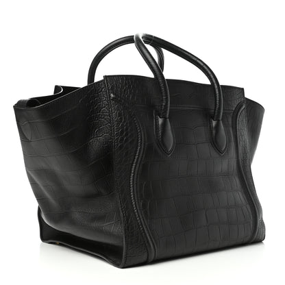 Celine Crocodile Embossed Calfskin Medium Phantom Luggage Black 3 of 8