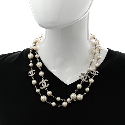 Chanel Graduated Pearl Crystal CC Long Necklace Silver 2 of 8