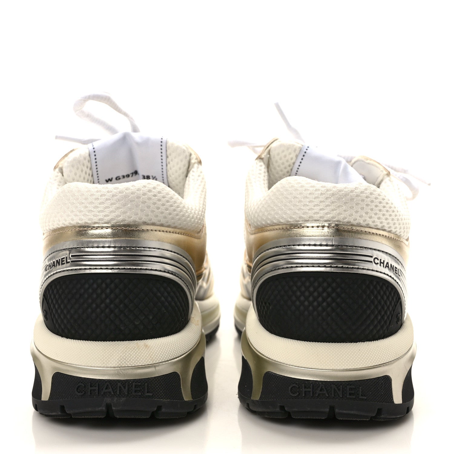 Chanel Fabric Laminated Calfskin Stretch CC Womens Sneakers 38.5 White Gold Silver 5 of 10