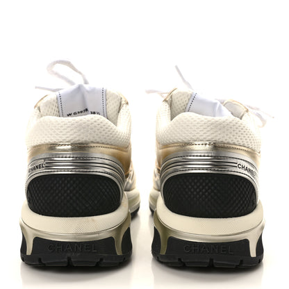 Chanel Fabric Laminated Calfskin Stretch CC Womens Sneakers 38.5 White Gold Silver 5 of 10
