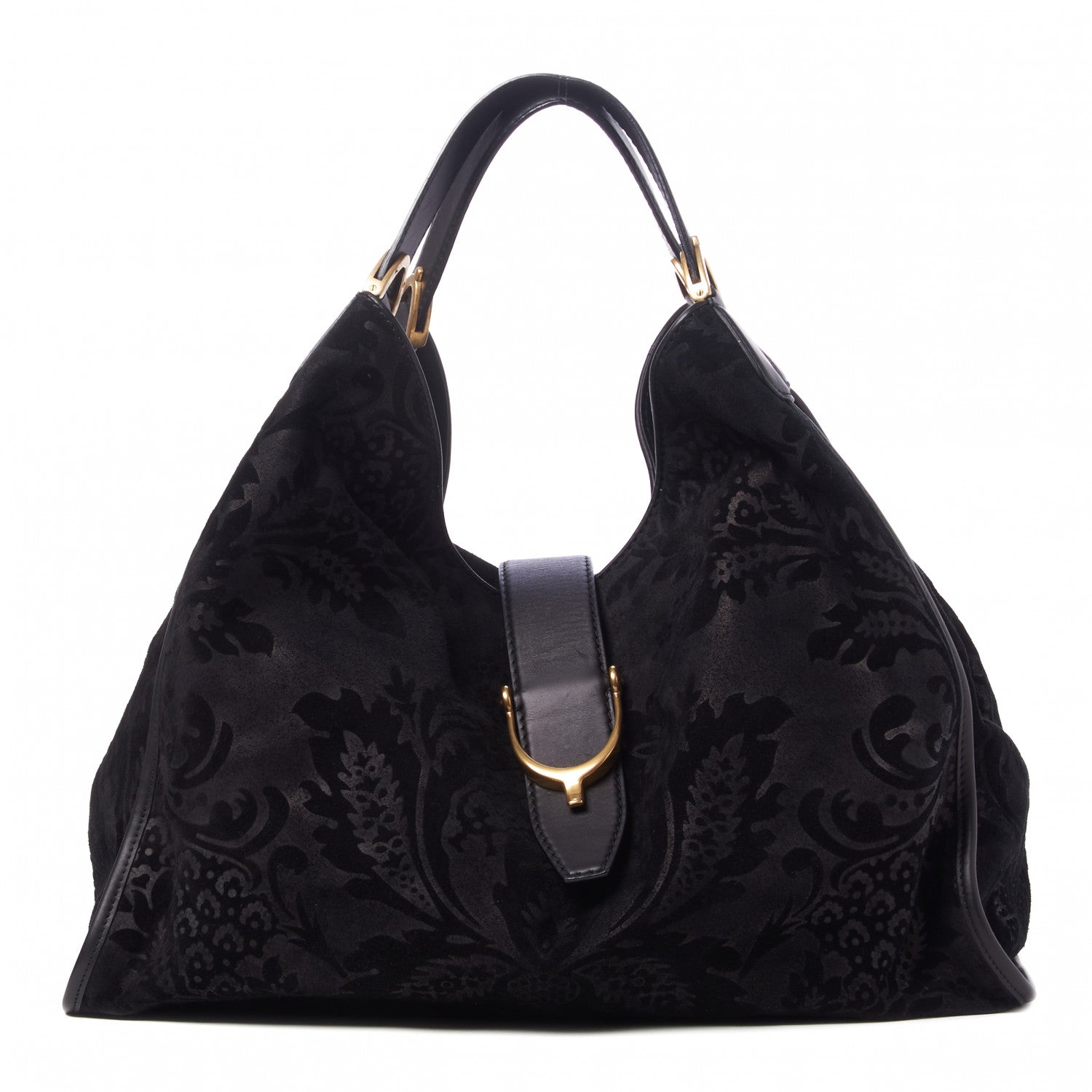 Gucci Nubuck Brocade Large Soft Stirrup Shoulder Bag Black 1 of 8