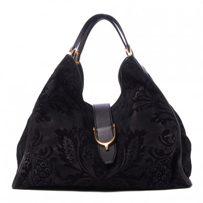Gucci Nubuck Brocade Large Soft Stirrup Shoulder Bag Black 1 of 8