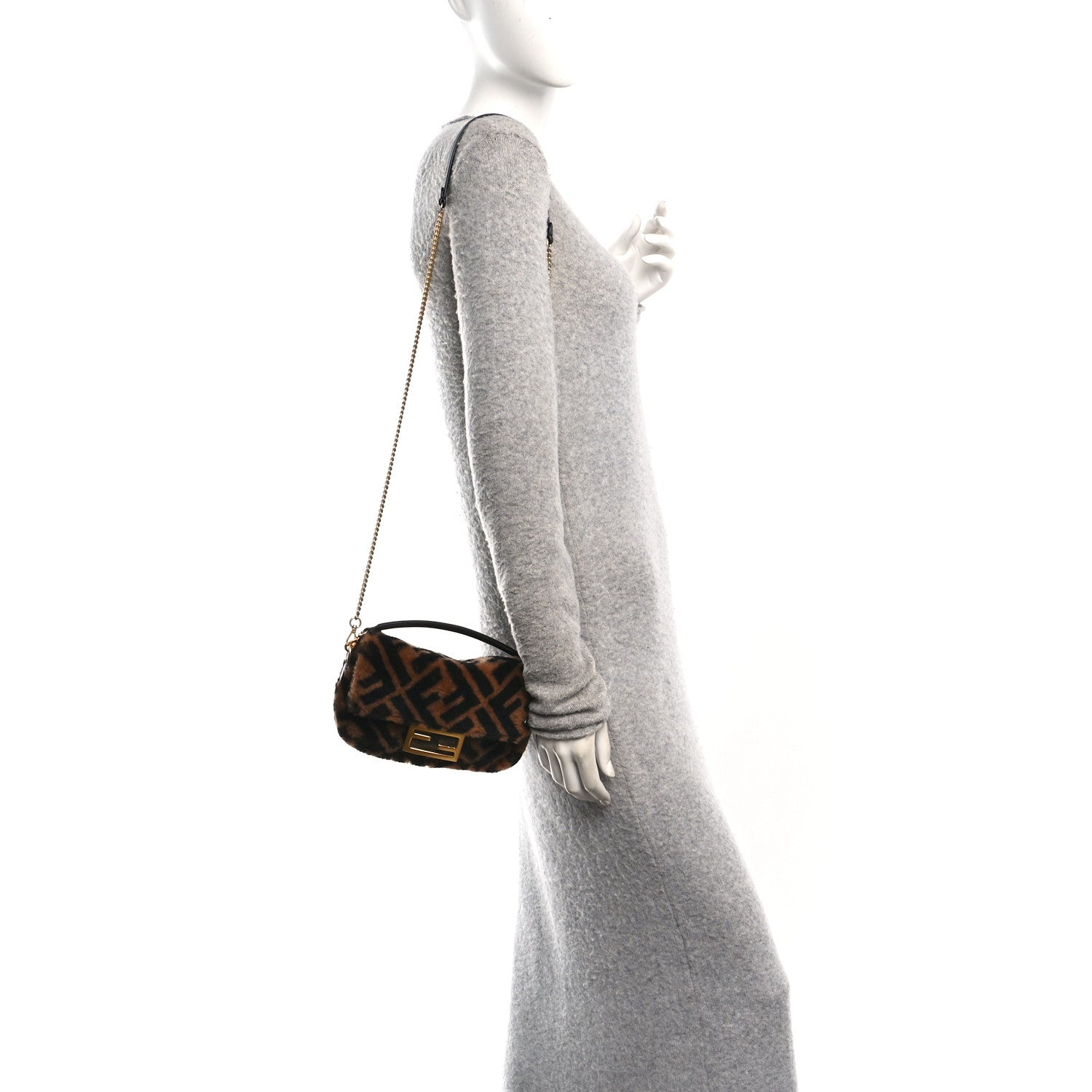 Fendi Shearling Vitello Dolce Macro FF 1974 Mini Baguette Tobacco Black 2 of 10