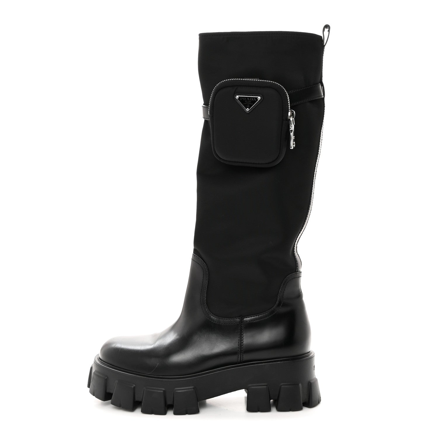 Prada Spazzolato Rois Re-Nylon Metal Triangle Logo Monolith Pouch Pocket 55mm Tall Boots 41 Black 1 of 9
