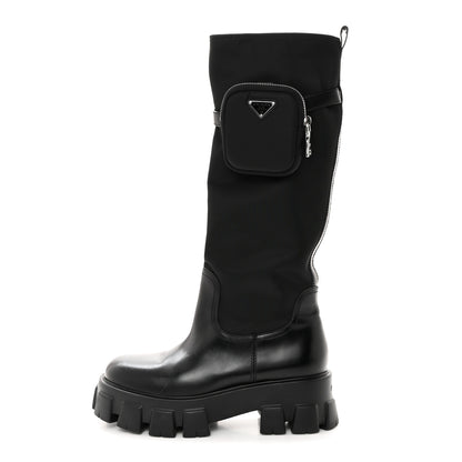Prada Spazzolato Rois Re-Nylon Metal Triangle Logo Monolith Pouch Pocket 55mm Tall Boots 41 Black 1 of 9