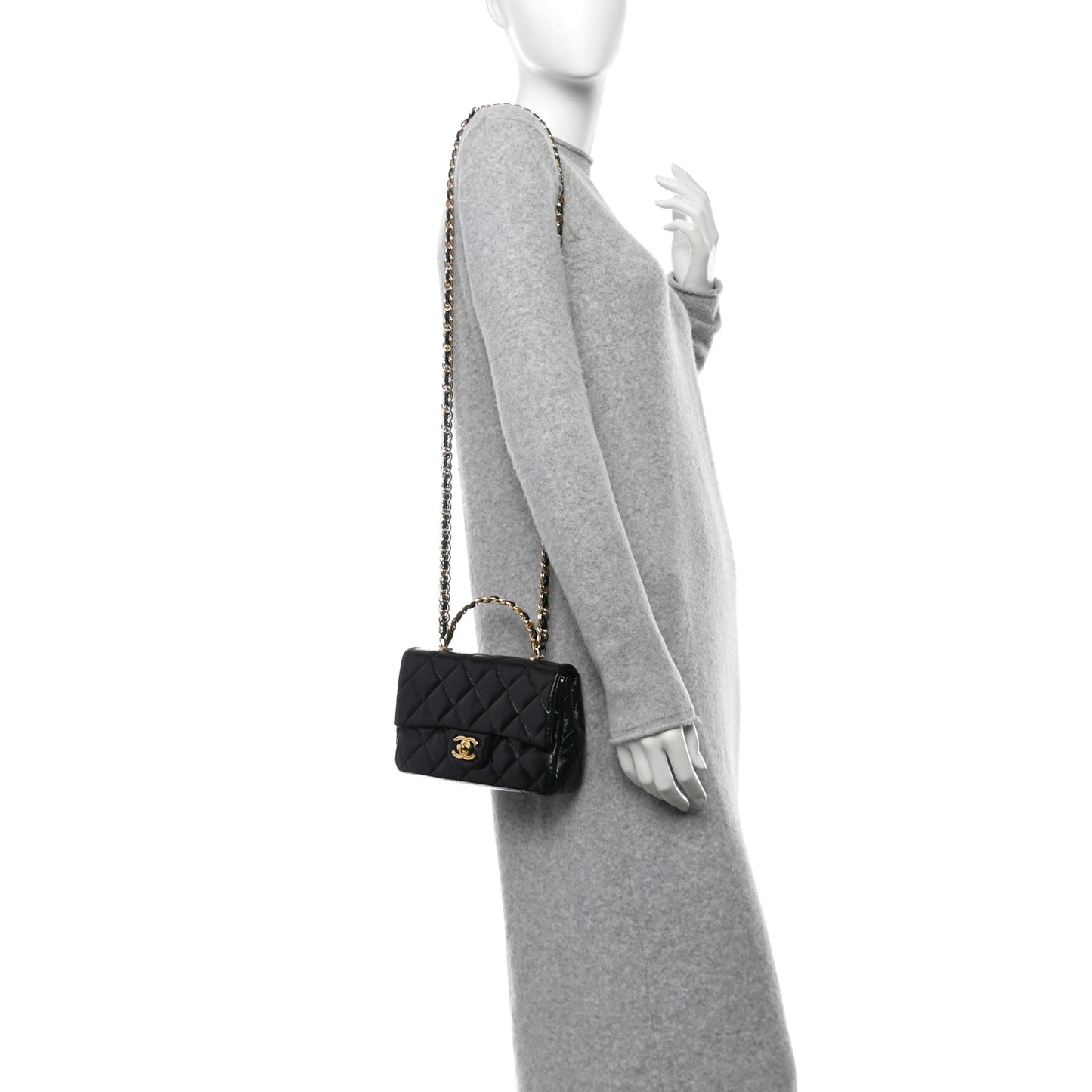 Shiny Lambskin Quilted Golden Links Top Handle Flap Black