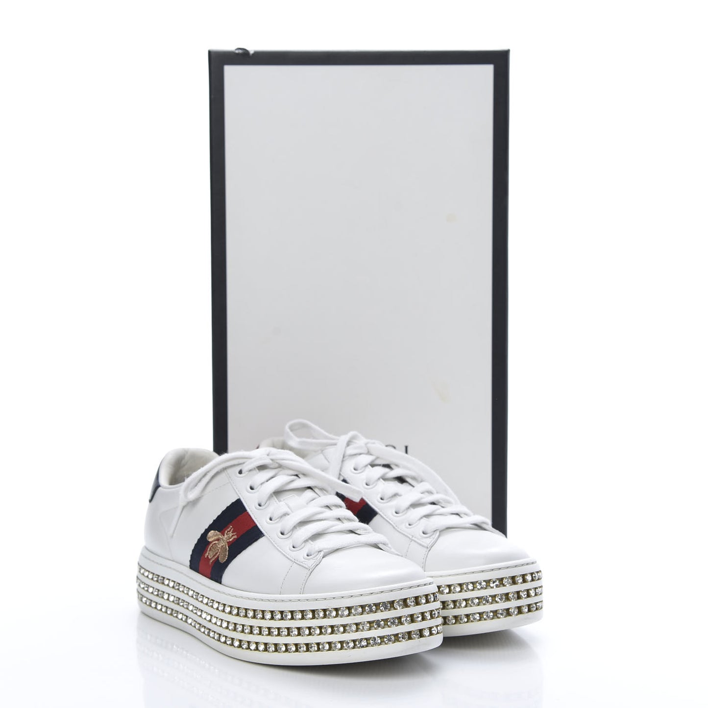 Calfskin Crystal Web Bee Embroidered Womens Ace Platform Sneakers 35.5 White