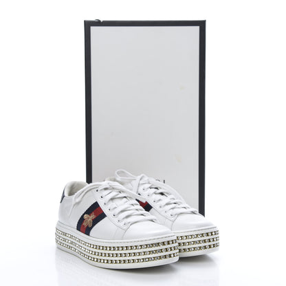 Gucci Calfskin Crystal Web Bee Embroidered Womens Ace Platform Sneakers 35.5 White 12 of 12