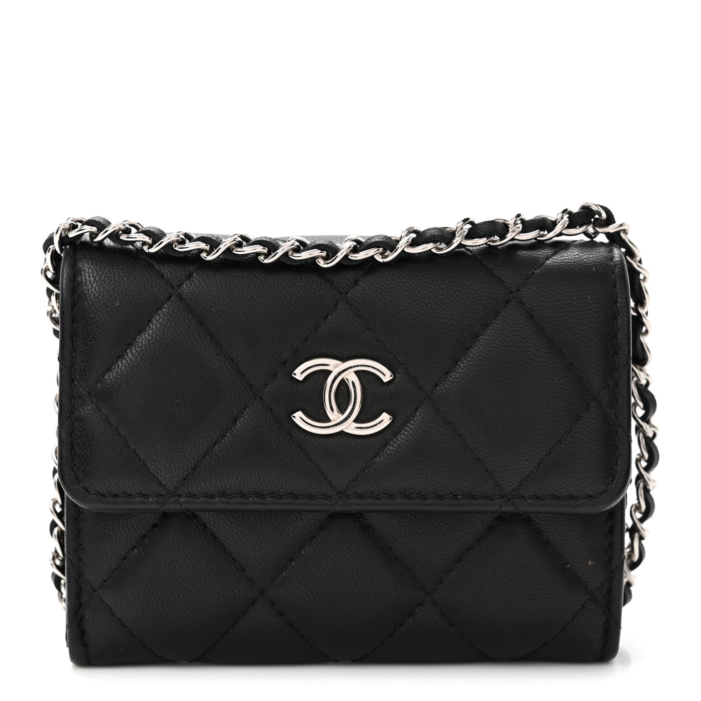 Lambskin Quilted Card Holder On Chain Black