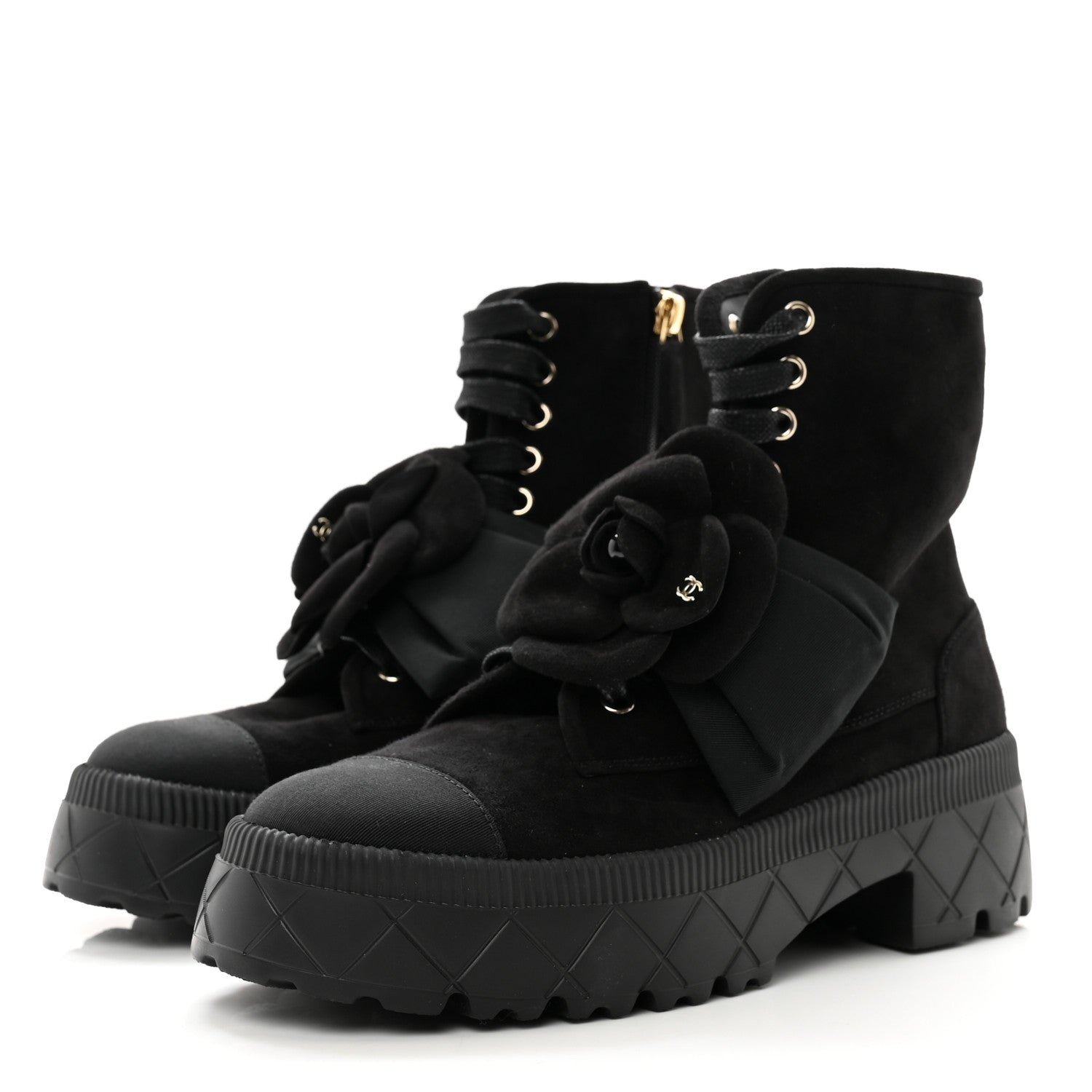 Chanel Suede Grosgrain Cap Toe CC Camellia Lace Up Combat Boots 38.5 Black 3 of 8