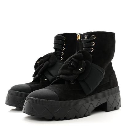 Chanel Suede Grosgrain Cap Toe CC Camellia Lace Up Combat Boots 38.5 Black 3 of 8