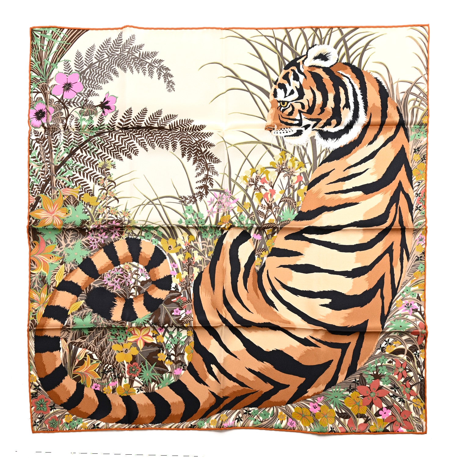 Hermes Silk Tyger Tyger Scarf 70 Beige Dore Orange Cuit Vert