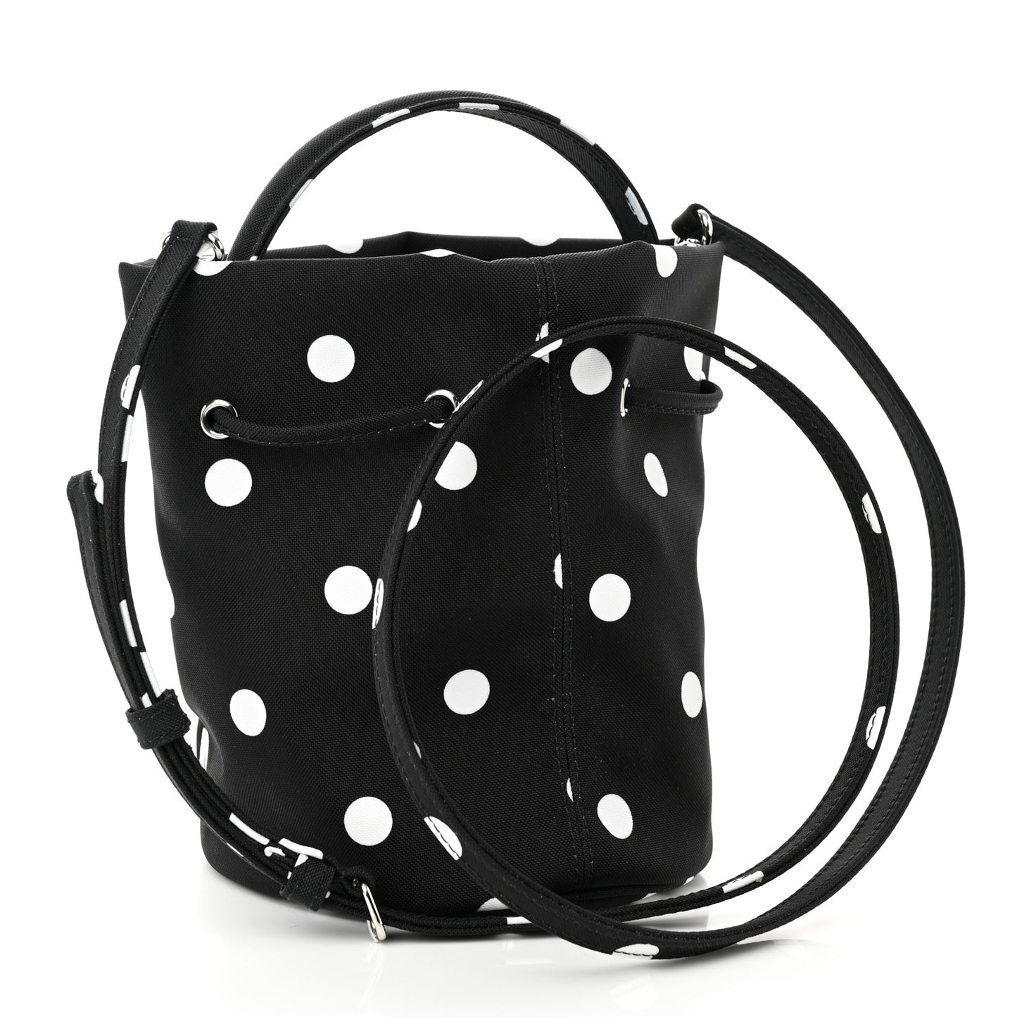 Recycled Sport Nylon Polka Dot Logo Embroidered Wheel Drawstring Bucket Bag XS Black White