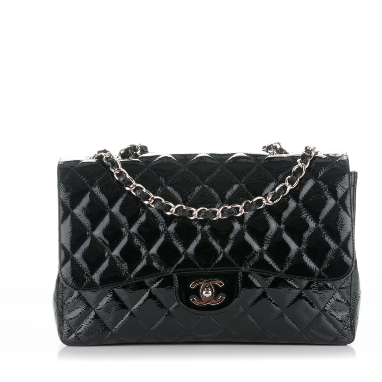 Distressed Patent Quilted Jumbo Single Flap Black