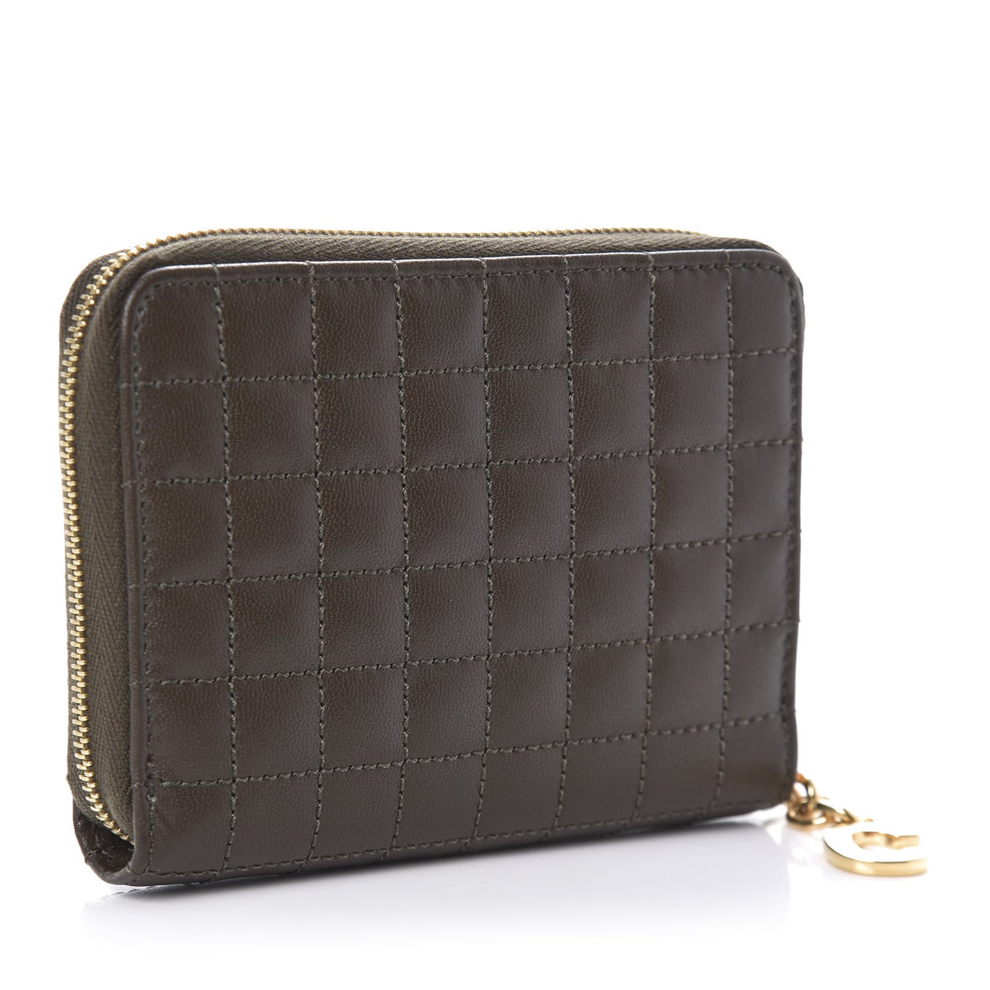 Lambskin Quilted C Charm Zip Around Wallet Khaki
