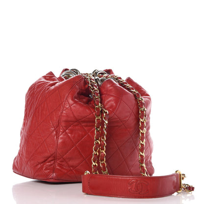 Chanel Lambskin Quilted Drawstring Bucket Bag Red 3 of 13