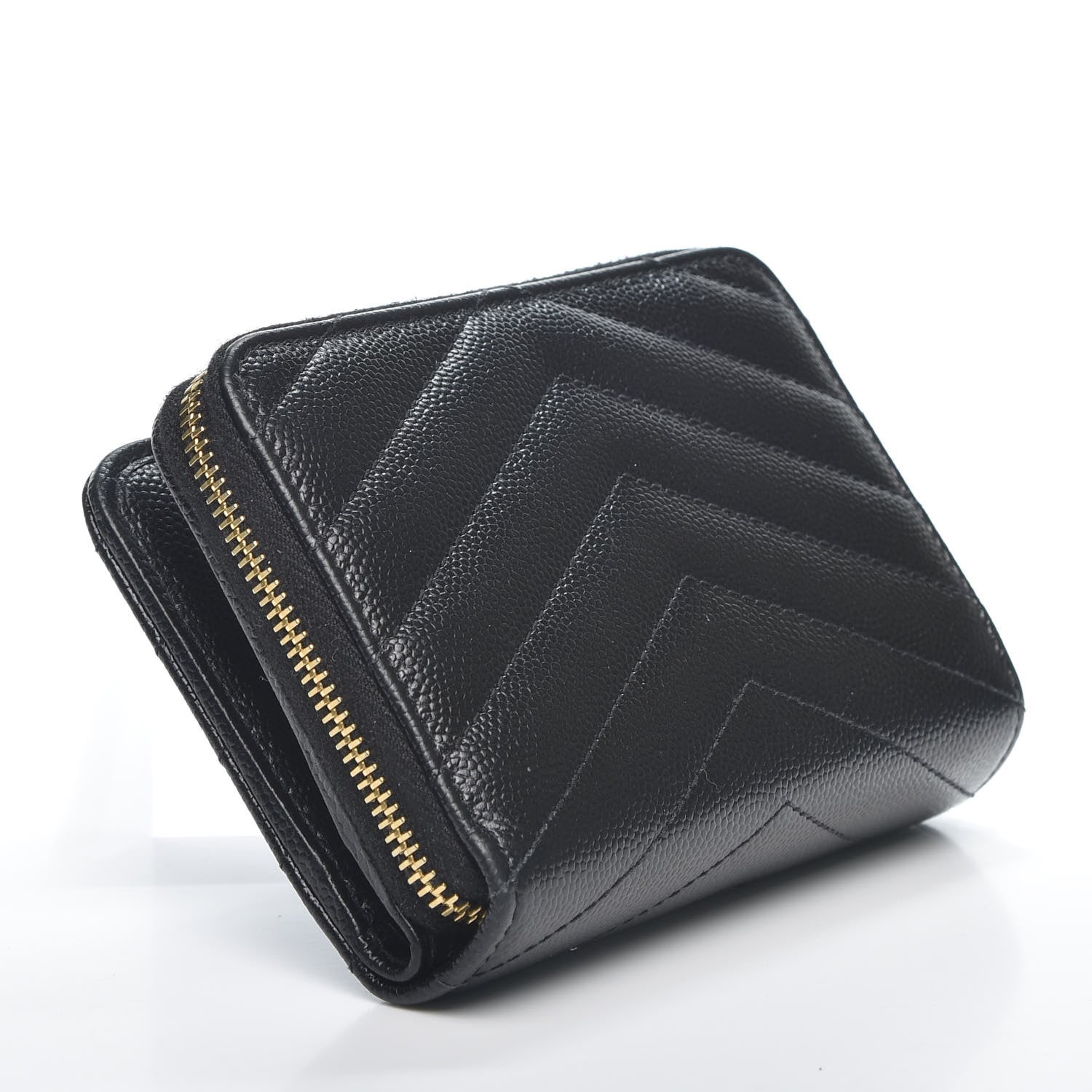 Saint Laurent Grain De Poudre Matelasse Chevron Monogram Compact Zip Around Wallet Black 3 of 8
