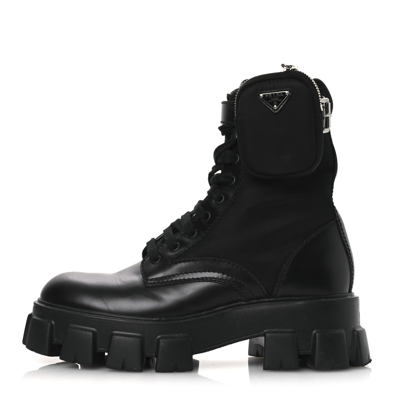 Prada Spazzolato Rois Nylon Metal Triangle Logo Mens Monolith Pouch Pocket 55mm Boots 7.5 Black 1 of 13