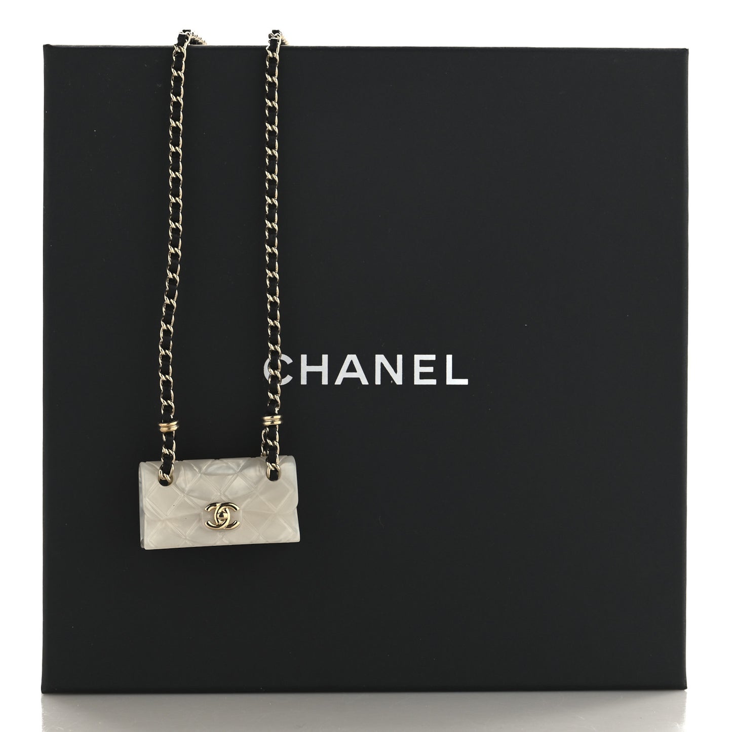 Lambskin Metal Resin Quilted Flap Bag Necklace Gold Black Pearly White