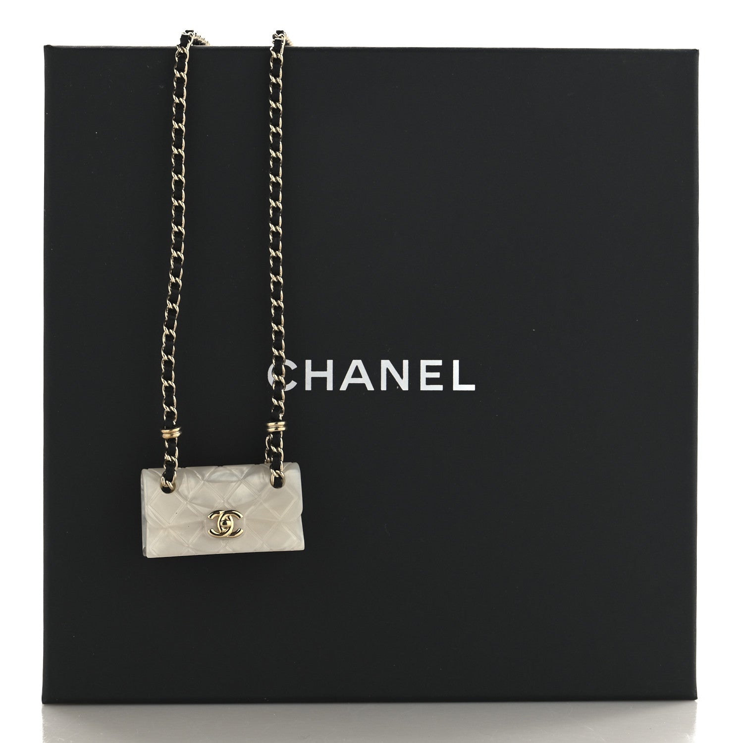 Chanel Lambskin Metal Resin Quilted Flap Bag Necklace Gold Black Pearly White 5 of 5