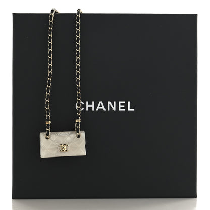 Chanel Lambskin Metal Resin Quilted Flap Bag Necklace Gold Black Pearly White 5 of 5