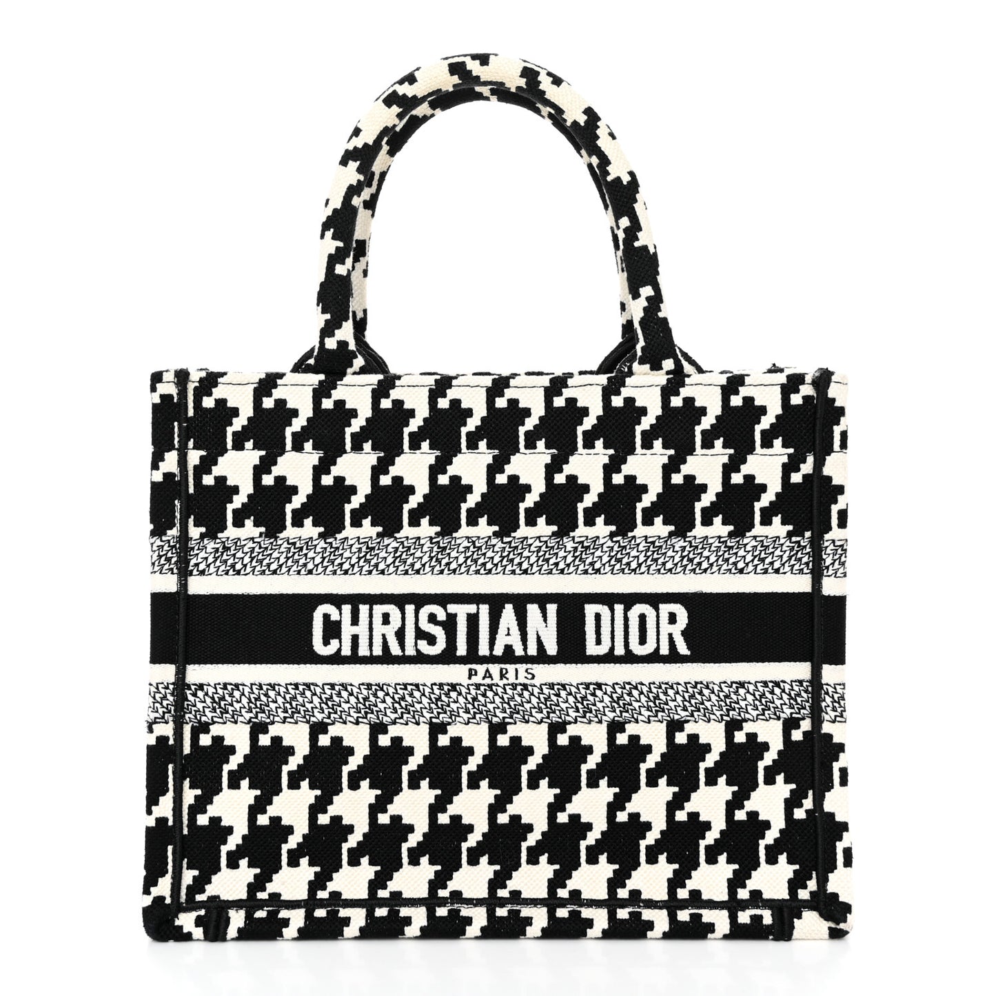 Canvas Houndstooth Embroidered Small Book Tote Black White