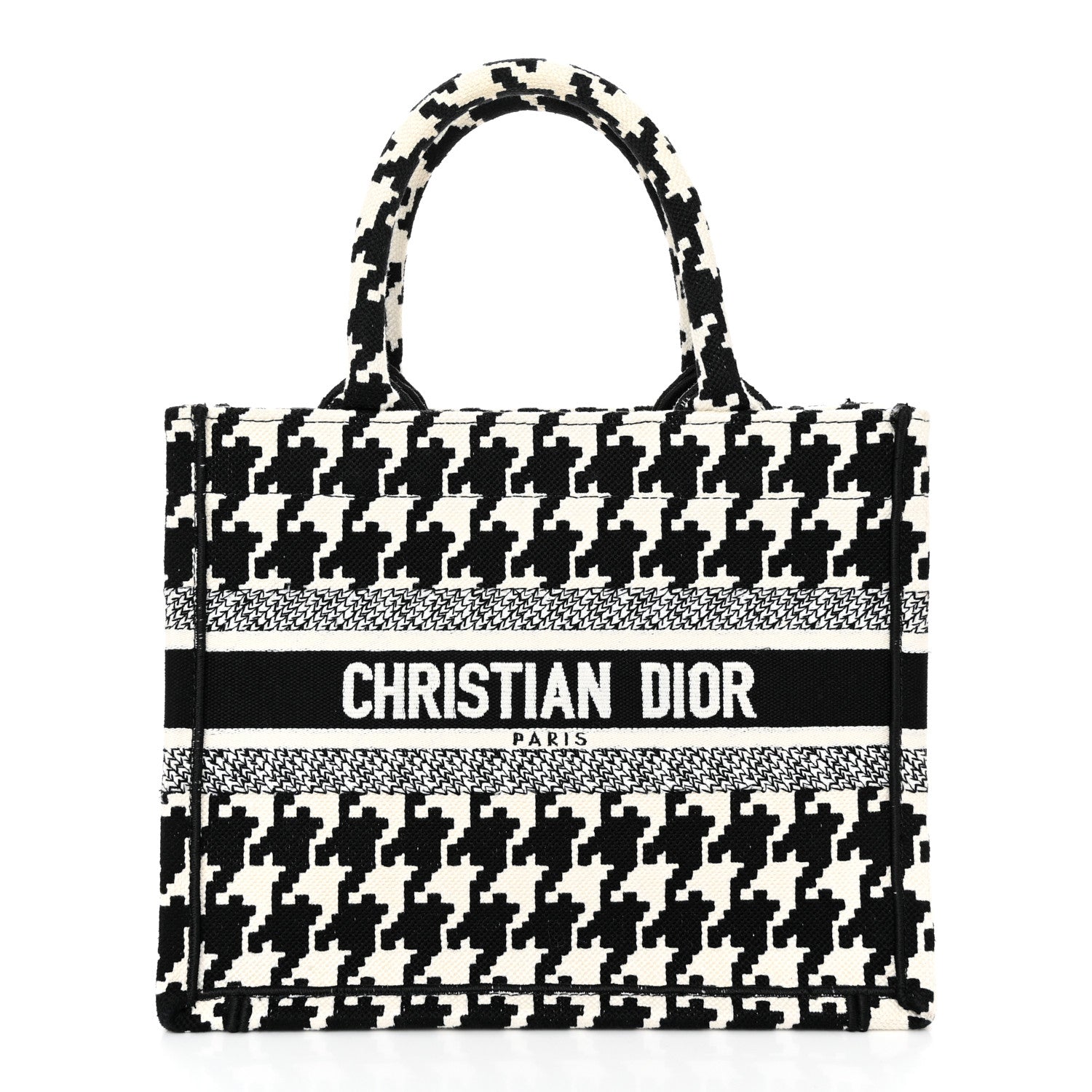 Christian Dior Canvas Houndstooth Embroidered Small Book Tote Black White 1 of 12