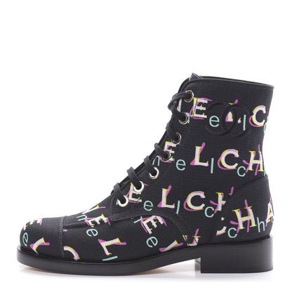 Chanel Tweed Lace Up Short Boots 38 Black Ecru Green Red 1 of 7