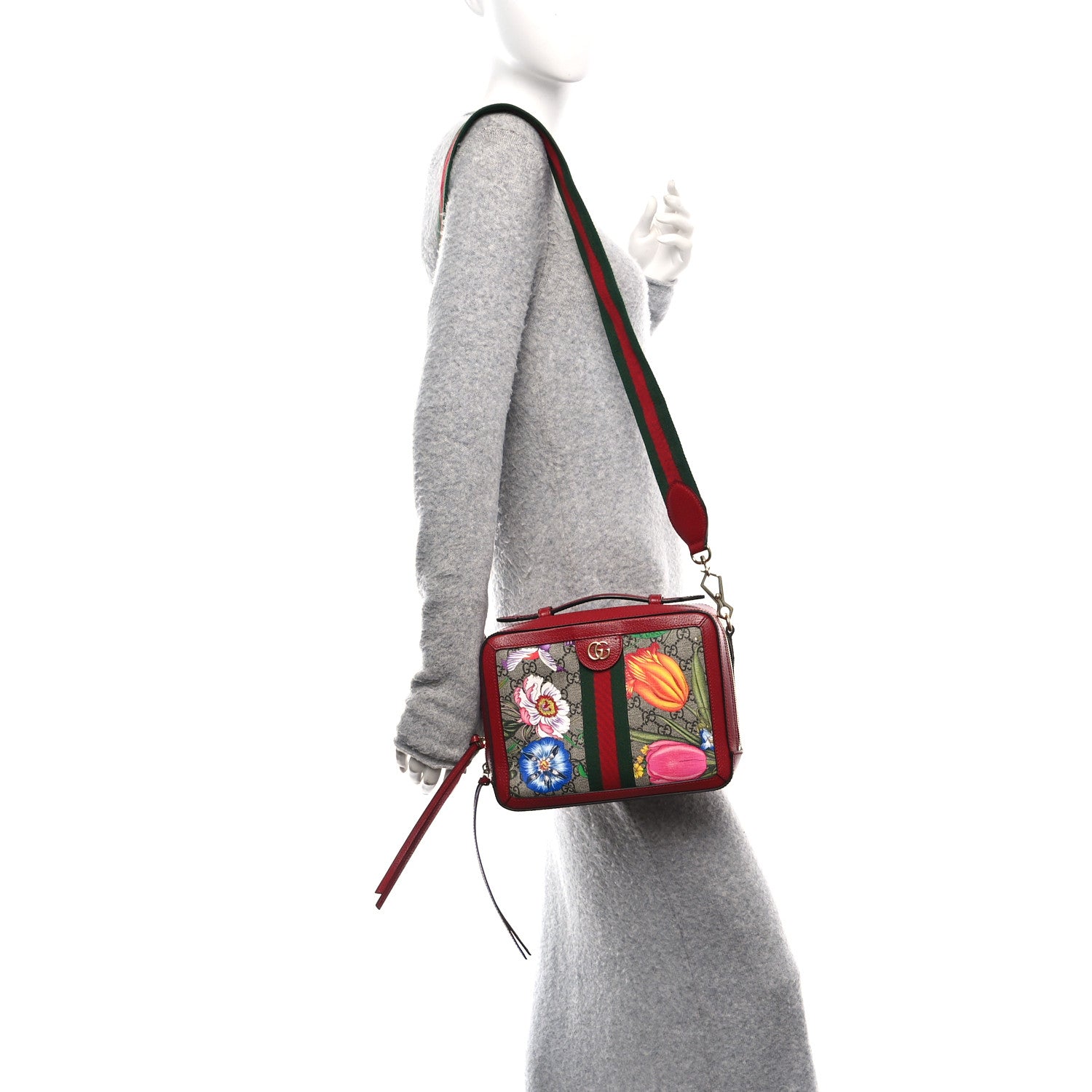 Gucci GG Supreme Monogram Flora Web Small Ophidia Top Handle Shoulder Bag Hibiscus Red 2 of 10