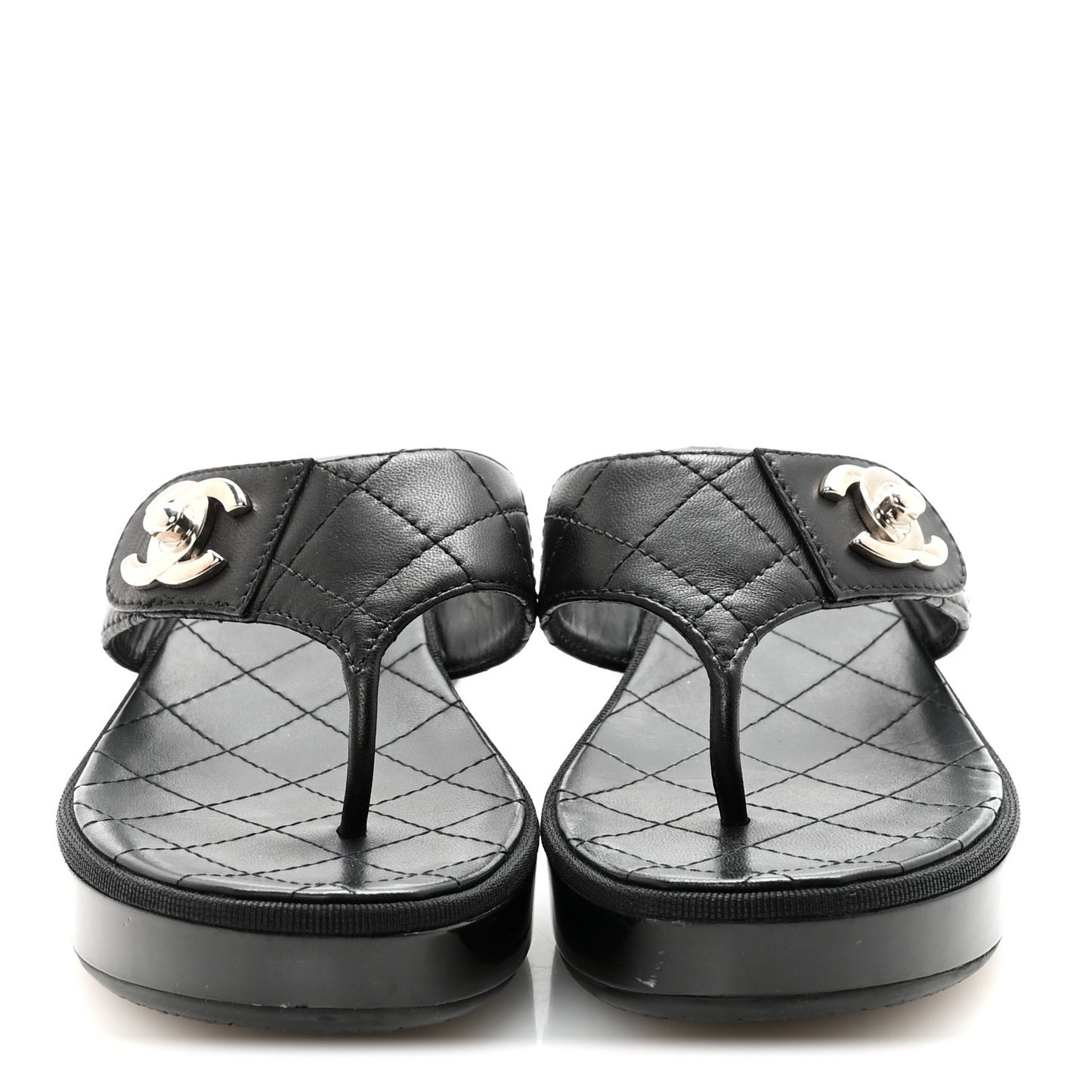 Lambskin Quilted Turnlock CC Platform Thong Sandals 39 Black