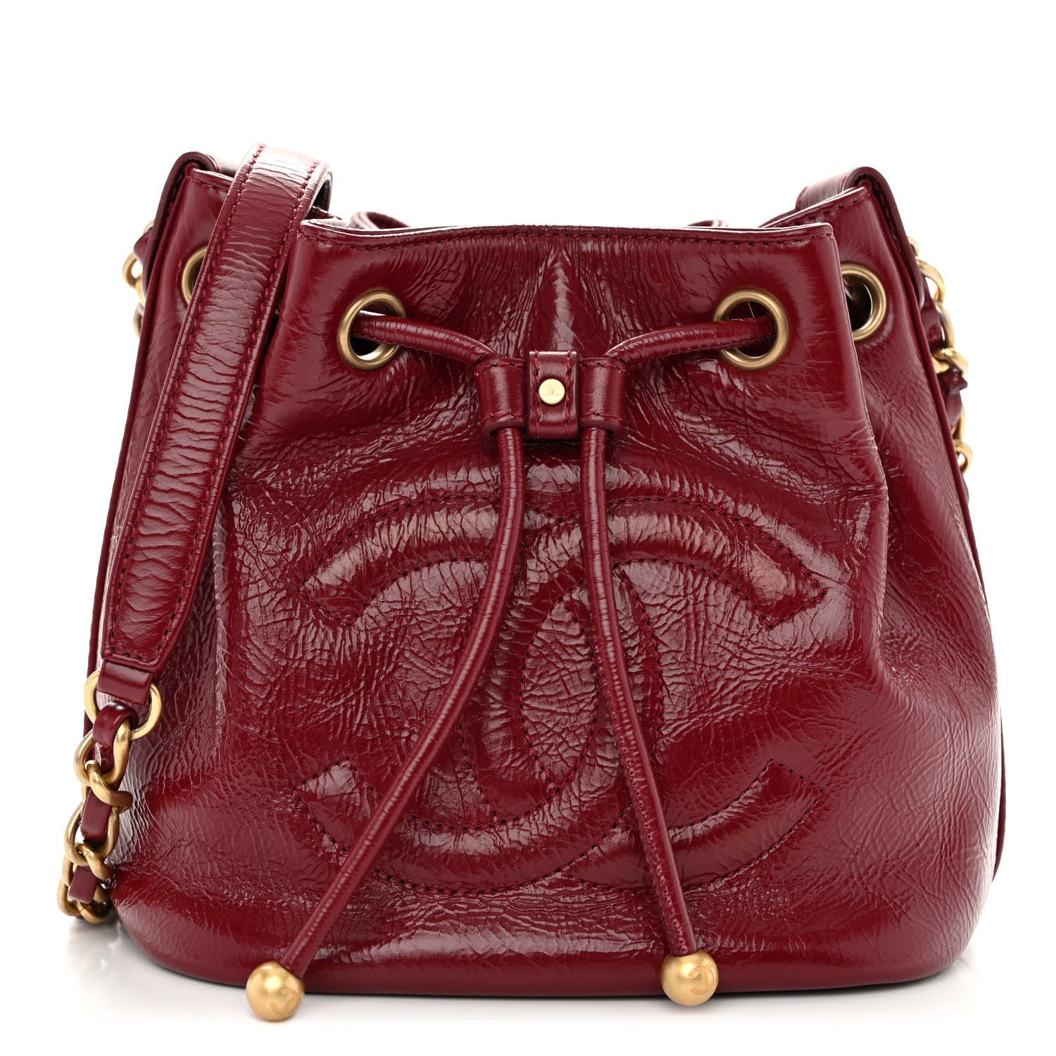 Chanel Shiny Aged Calfskin CC Chain Mini Drawstring Bag Red 1 of 10