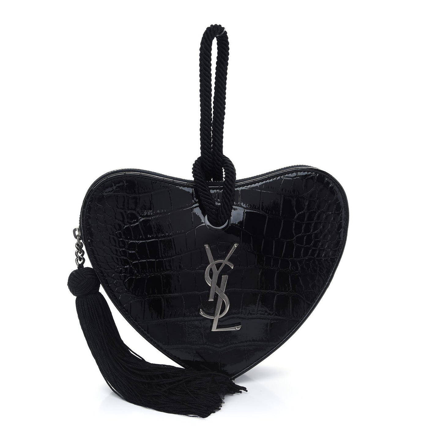 Patent Crocodile Embossed Sac Coeur Heart Shaped Clutch Black