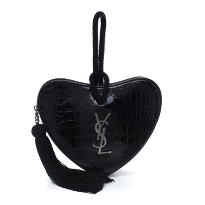 Saint Laurent Patent Crocodile Embossed Sac Coeur Heart Shaped Clutch Black 1 of 9