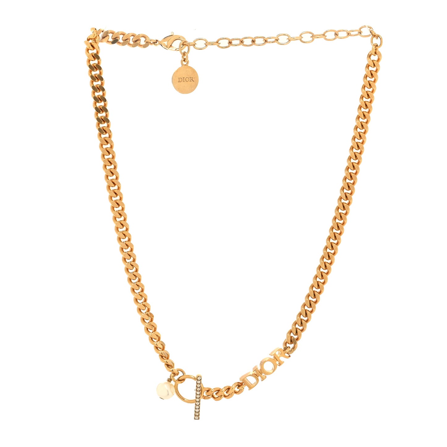 Pearl Crystal Logo Chain Necklace Gold