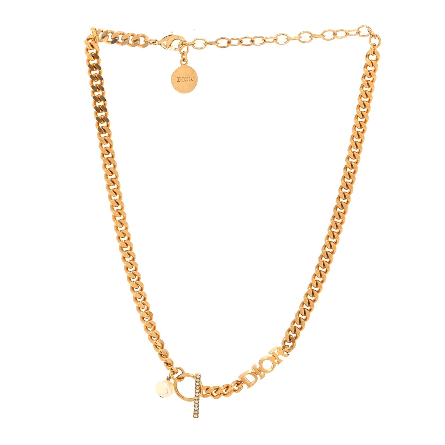 Christian Dior Pearl Crystal Logo Chain Necklace Gold 3 of 5