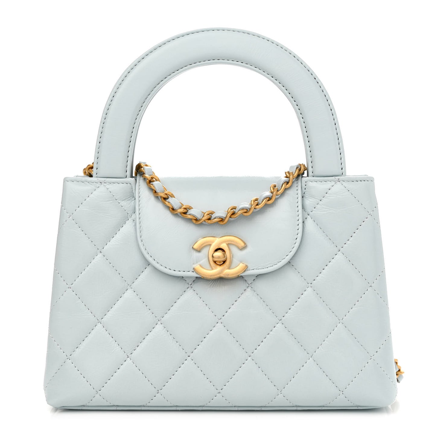 Shiny Aged Calfskin Quilted Nano Kelly Shopper Light Blue
